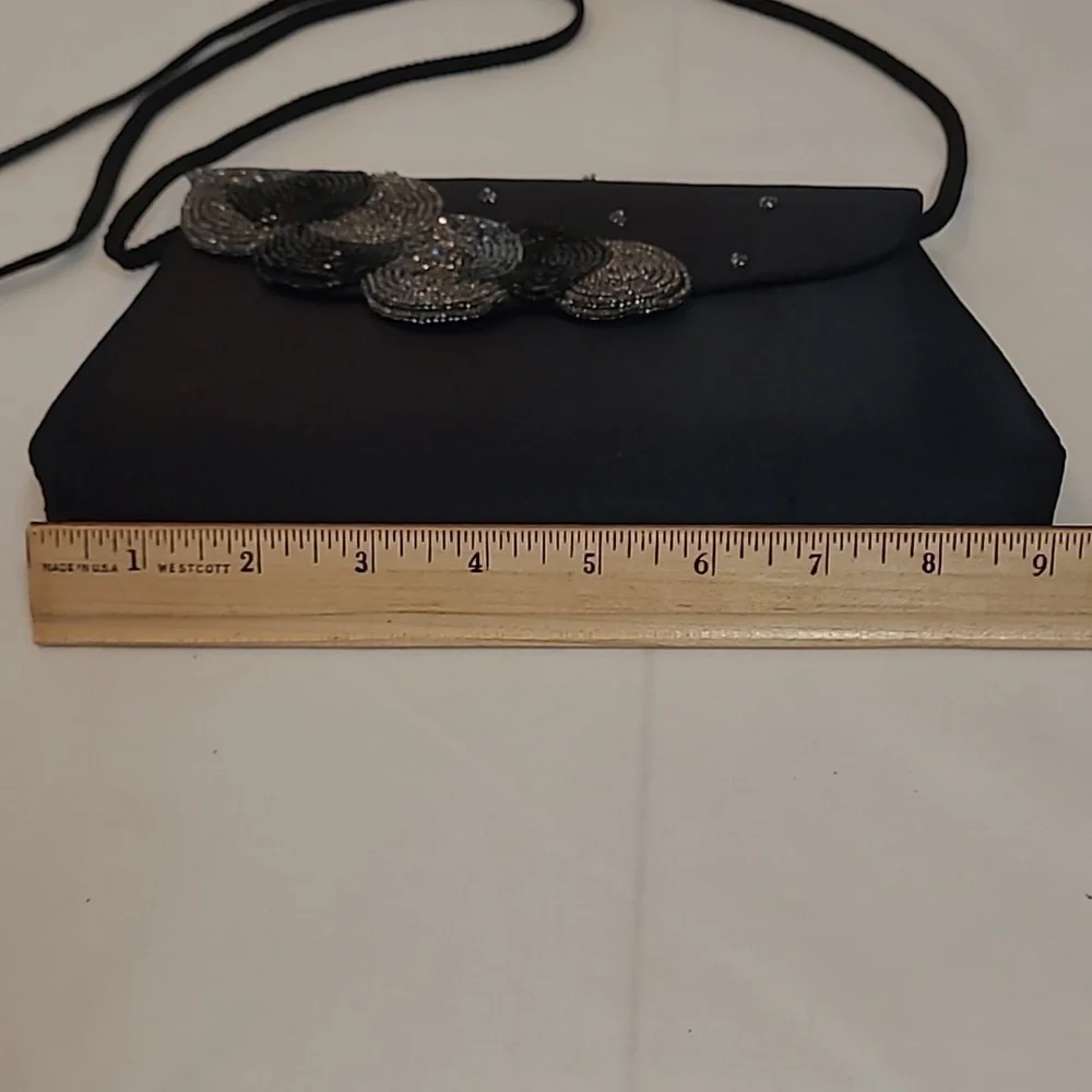 La Regale Vintage Black Satin Bag with Cord Beaded Circles - Stunning!
